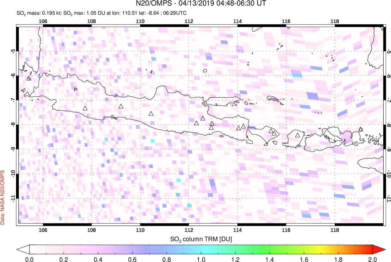 A sulfur dioxide image over Java, Indonesia on Apr 13, 2019.