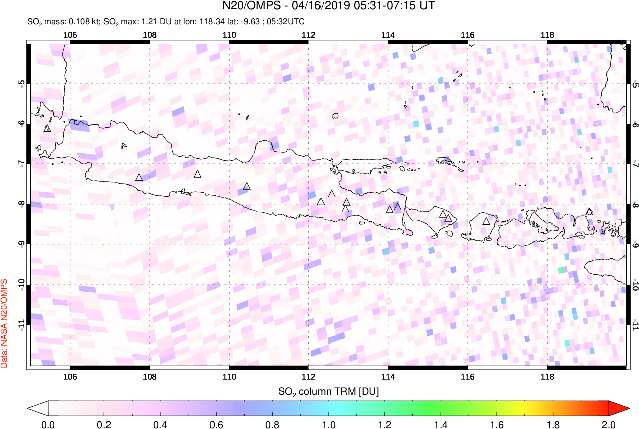 A sulfur dioxide image over Java, Indonesia on Apr 16, 2019.