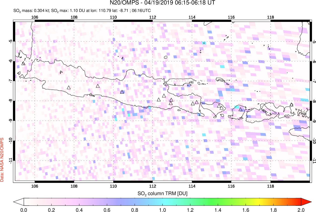 A sulfur dioxide image over Java, Indonesia on Apr 19, 2019.