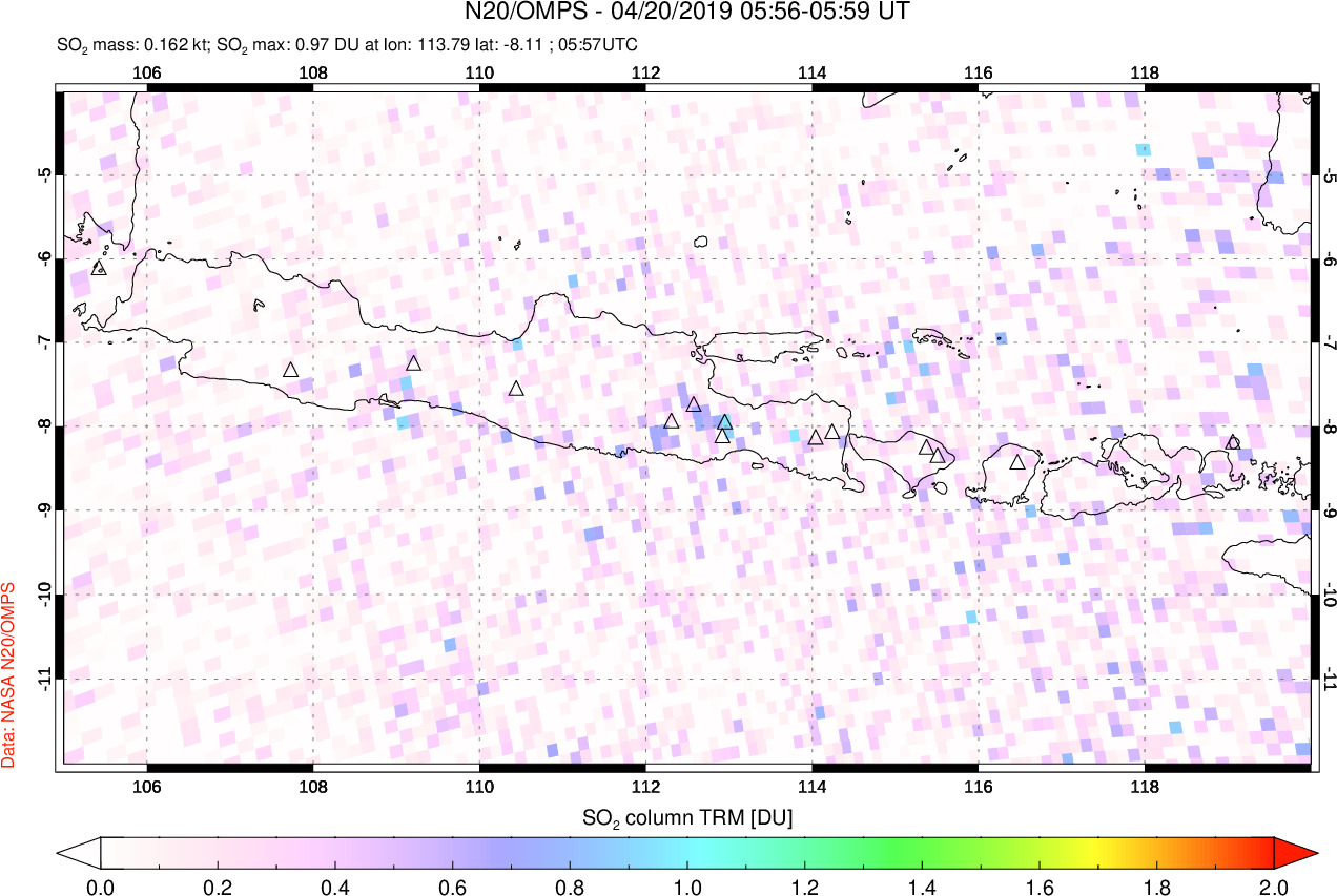 A sulfur dioxide image over Java, Indonesia on Apr 20, 2019.