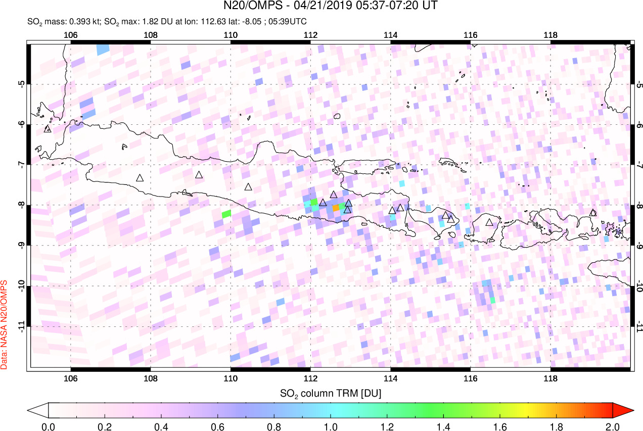 A sulfur dioxide image over Java, Indonesia on Apr 21, 2019.