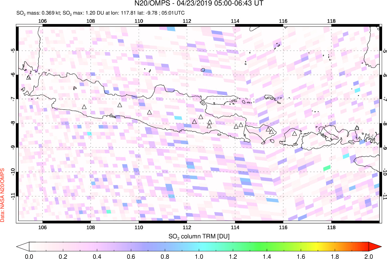 A sulfur dioxide image over Java, Indonesia on Apr 23, 2019.
