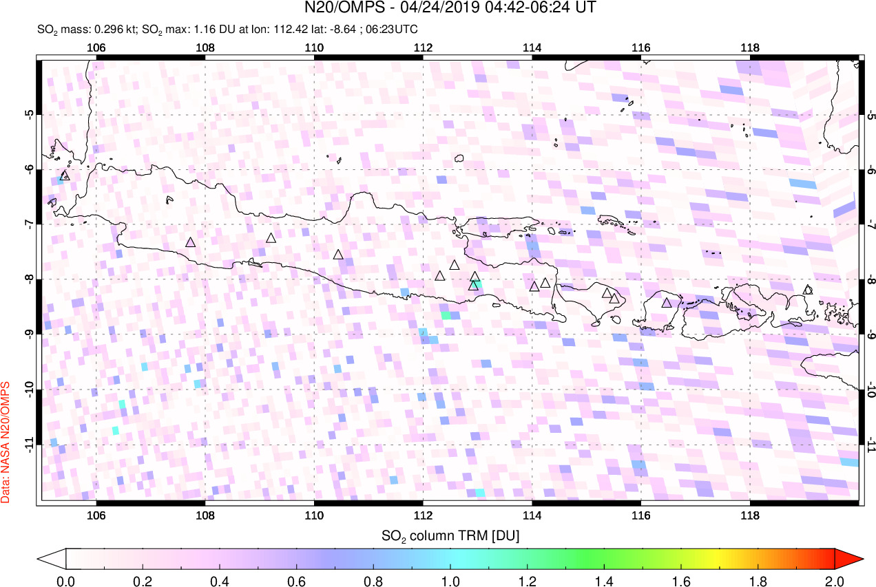 A sulfur dioxide image over Java, Indonesia on Apr 24, 2019.
