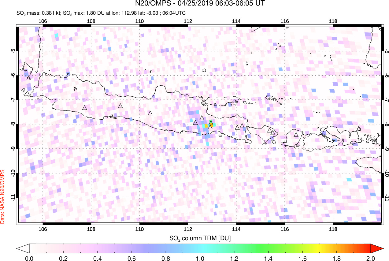 A sulfur dioxide image over Java, Indonesia on Apr 25, 2019.