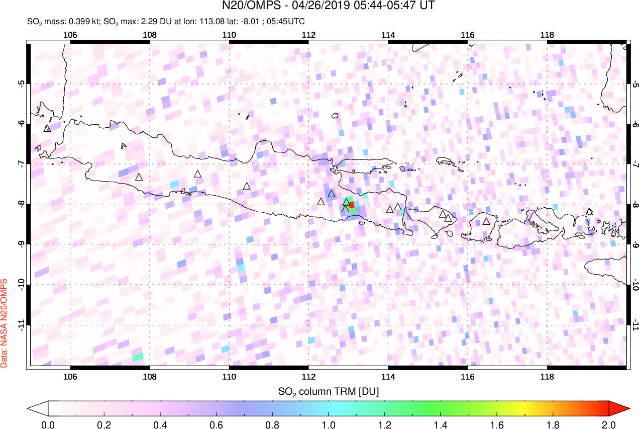 A sulfur dioxide image over Java, Indonesia on Apr 26, 2019.