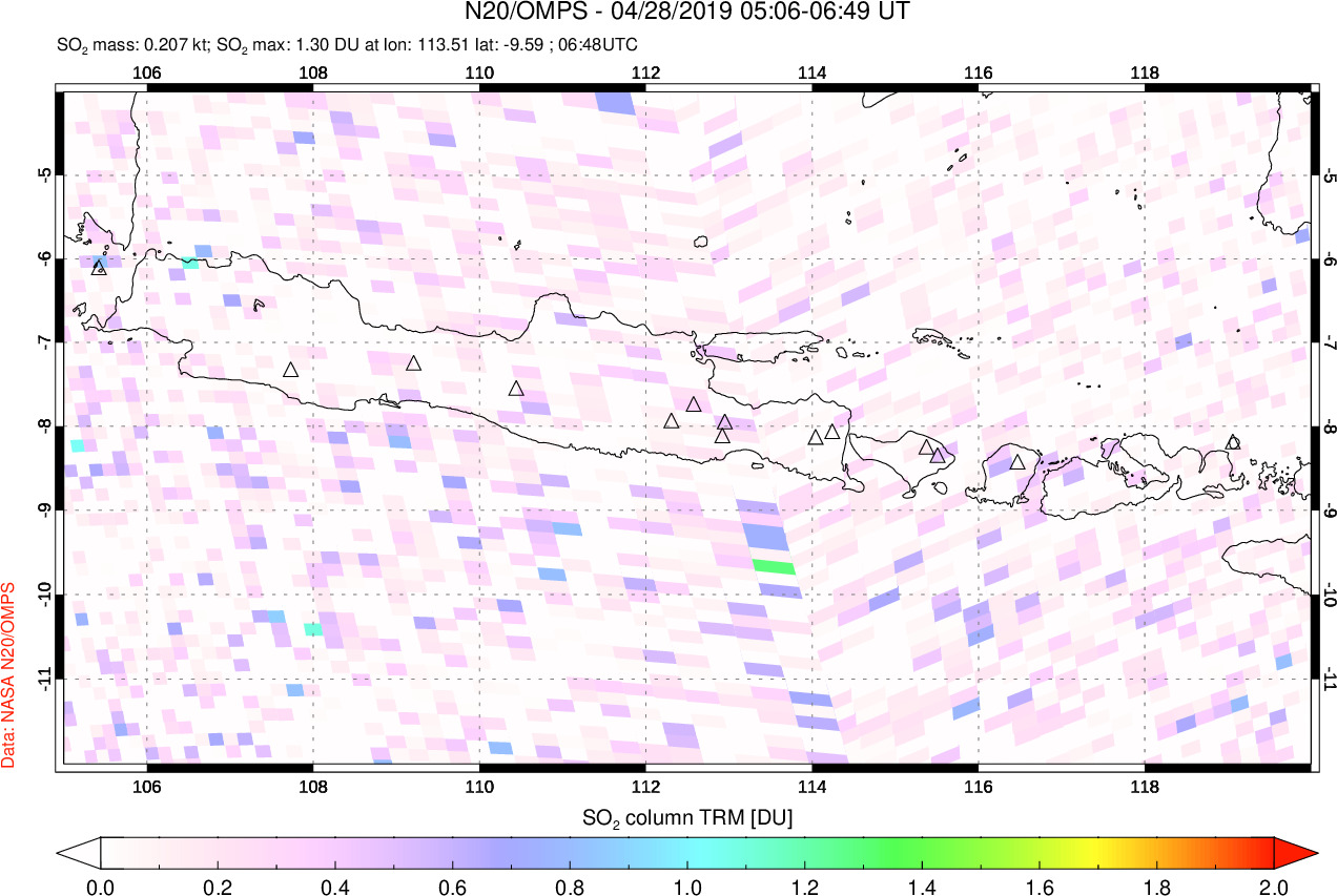 A sulfur dioxide image over Java, Indonesia on Apr 28, 2019.
