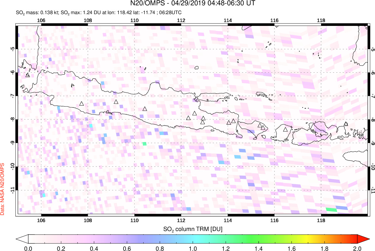 A sulfur dioxide image over Java, Indonesia on Apr 29, 2019.