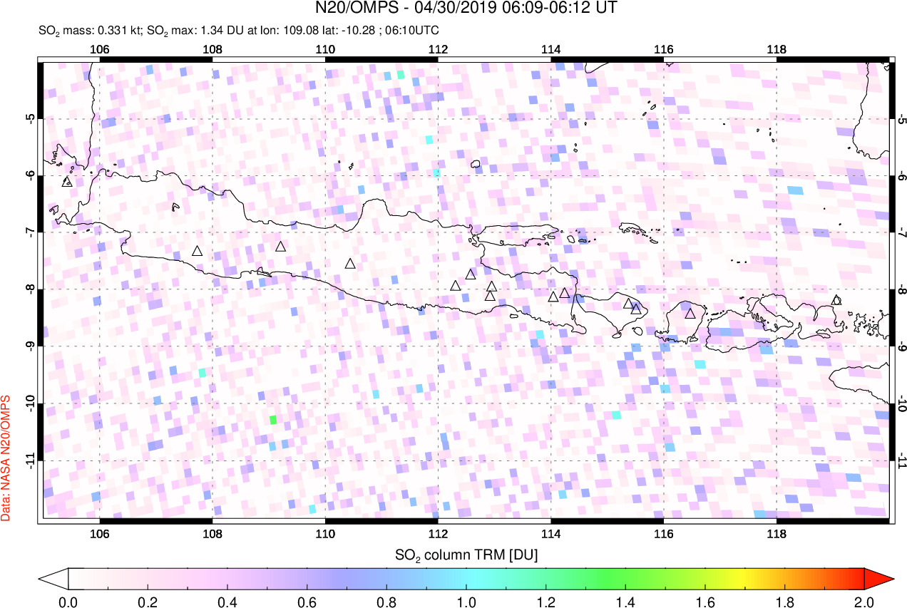 A sulfur dioxide image over Java, Indonesia on Apr 30, 2019.