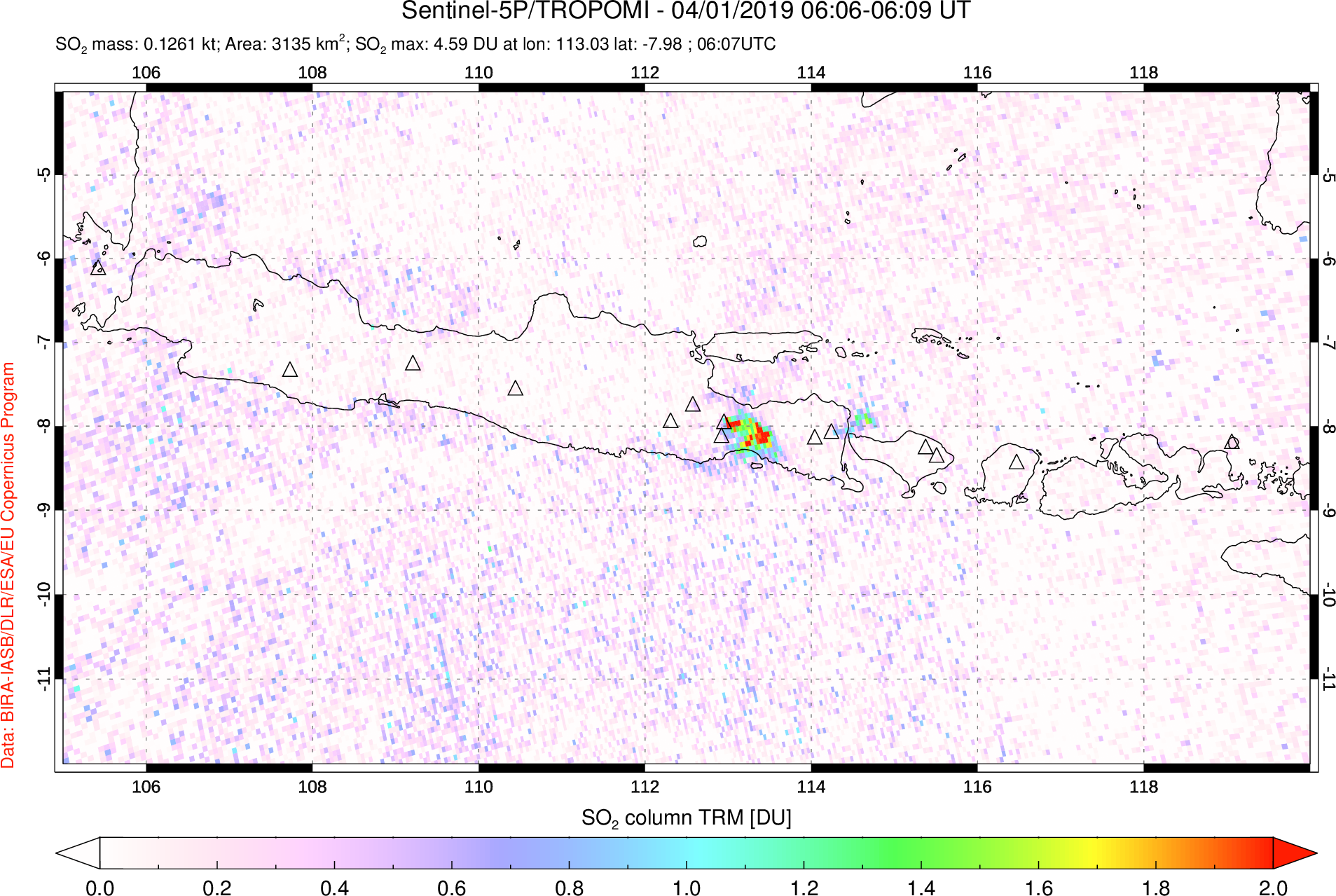 A sulfur dioxide image over Java, Indonesia on Apr 01, 2019.