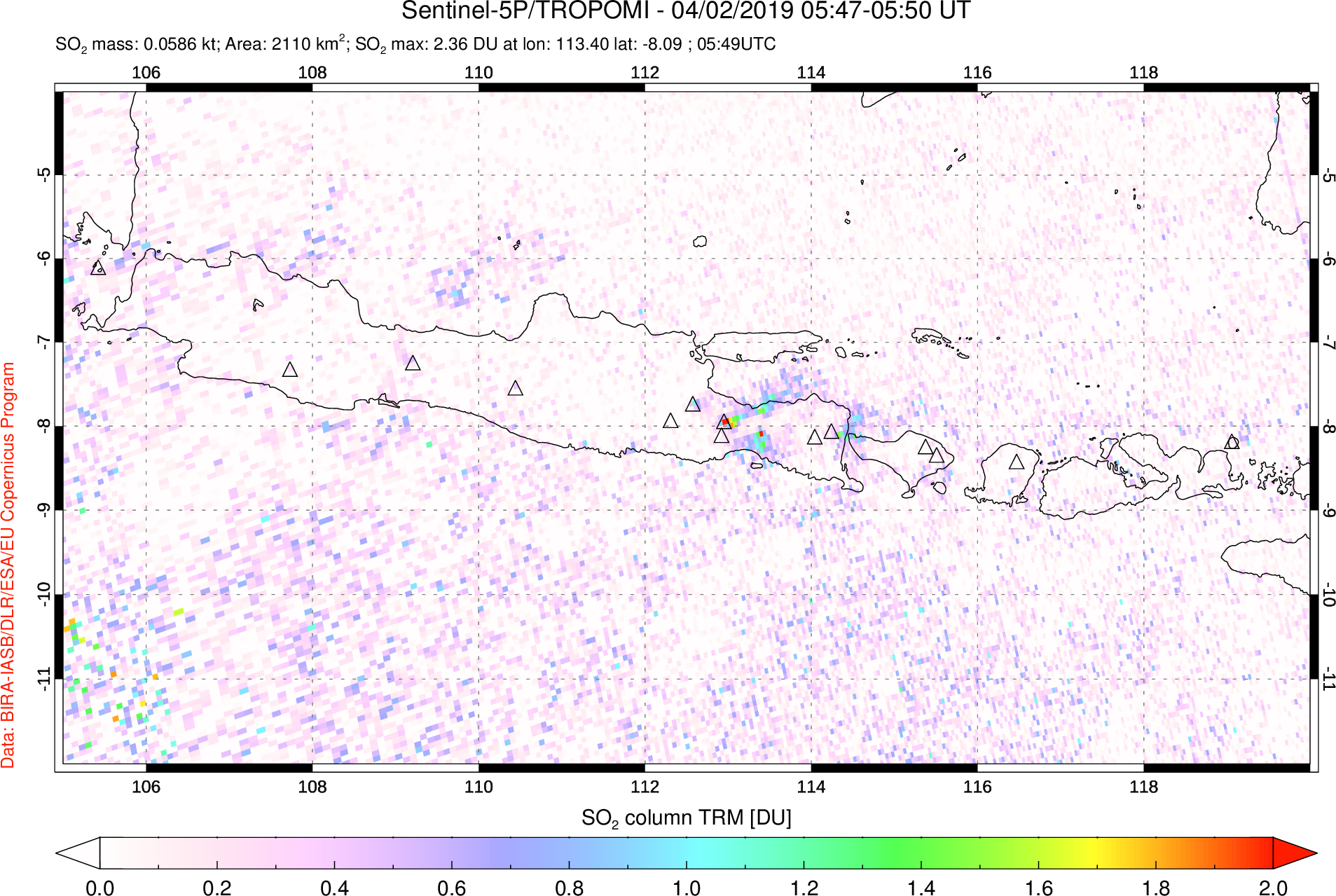 A sulfur dioxide image over Java, Indonesia on Apr 02, 2019.