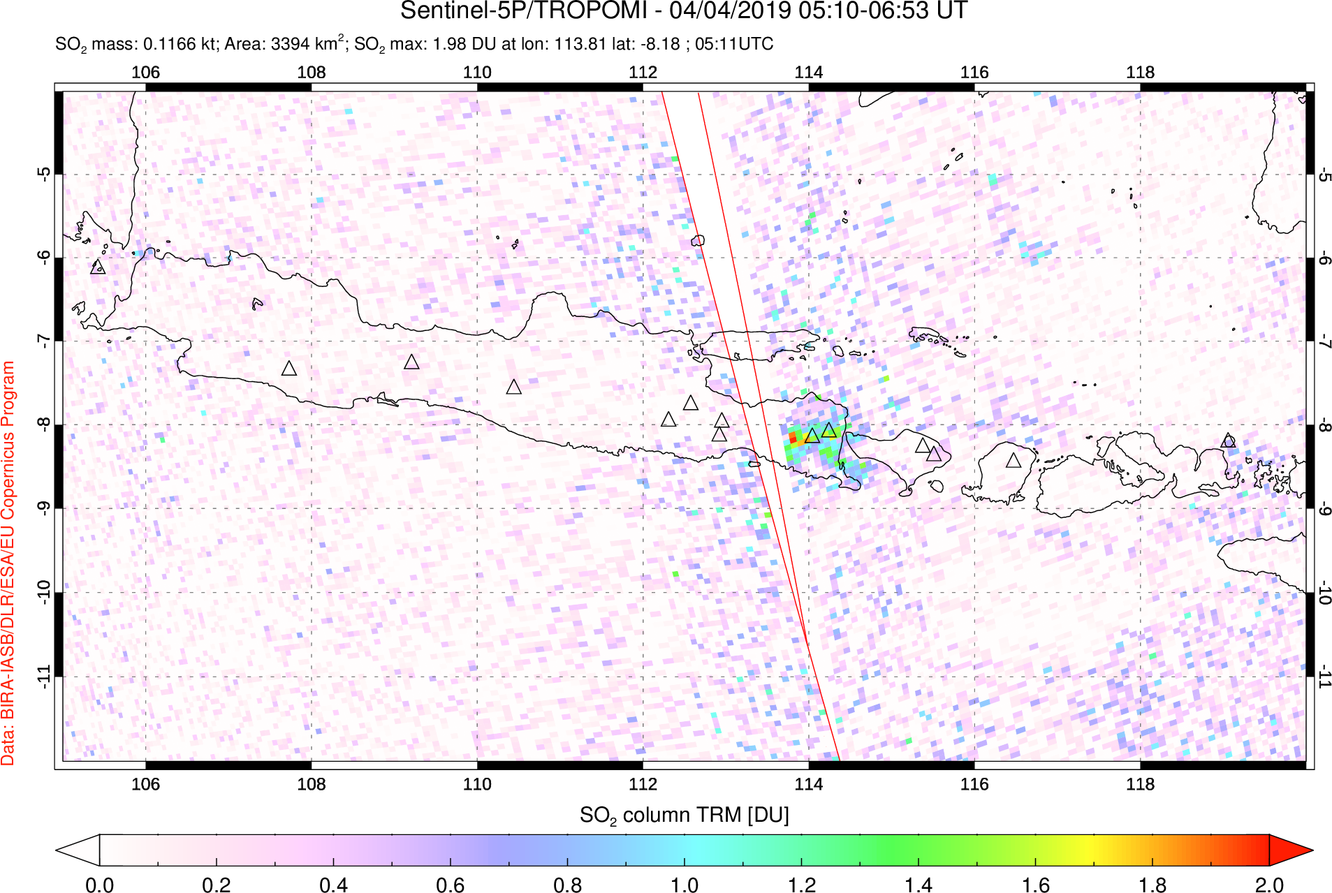 A sulfur dioxide image over Java, Indonesia on Apr 04, 2019.