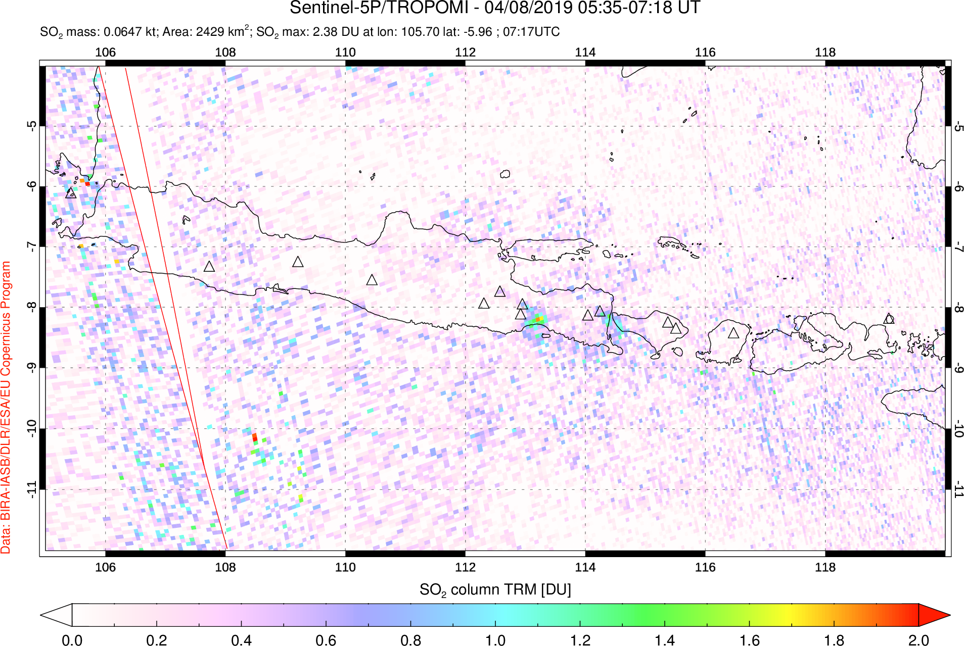 A sulfur dioxide image over Java, Indonesia on Apr 08, 2019.