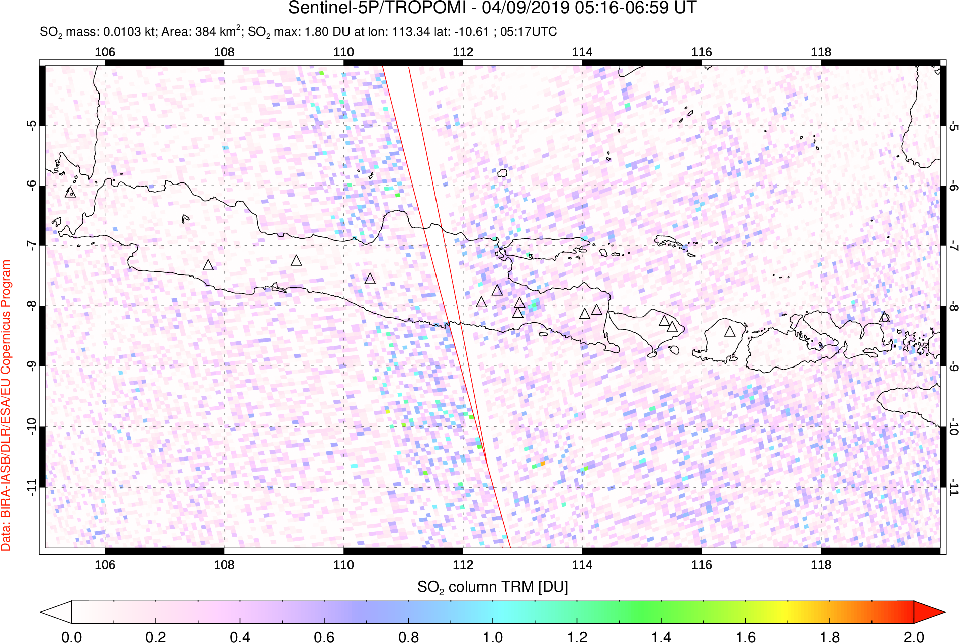 A sulfur dioxide image over Java, Indonesia on Apr 09, 2019.