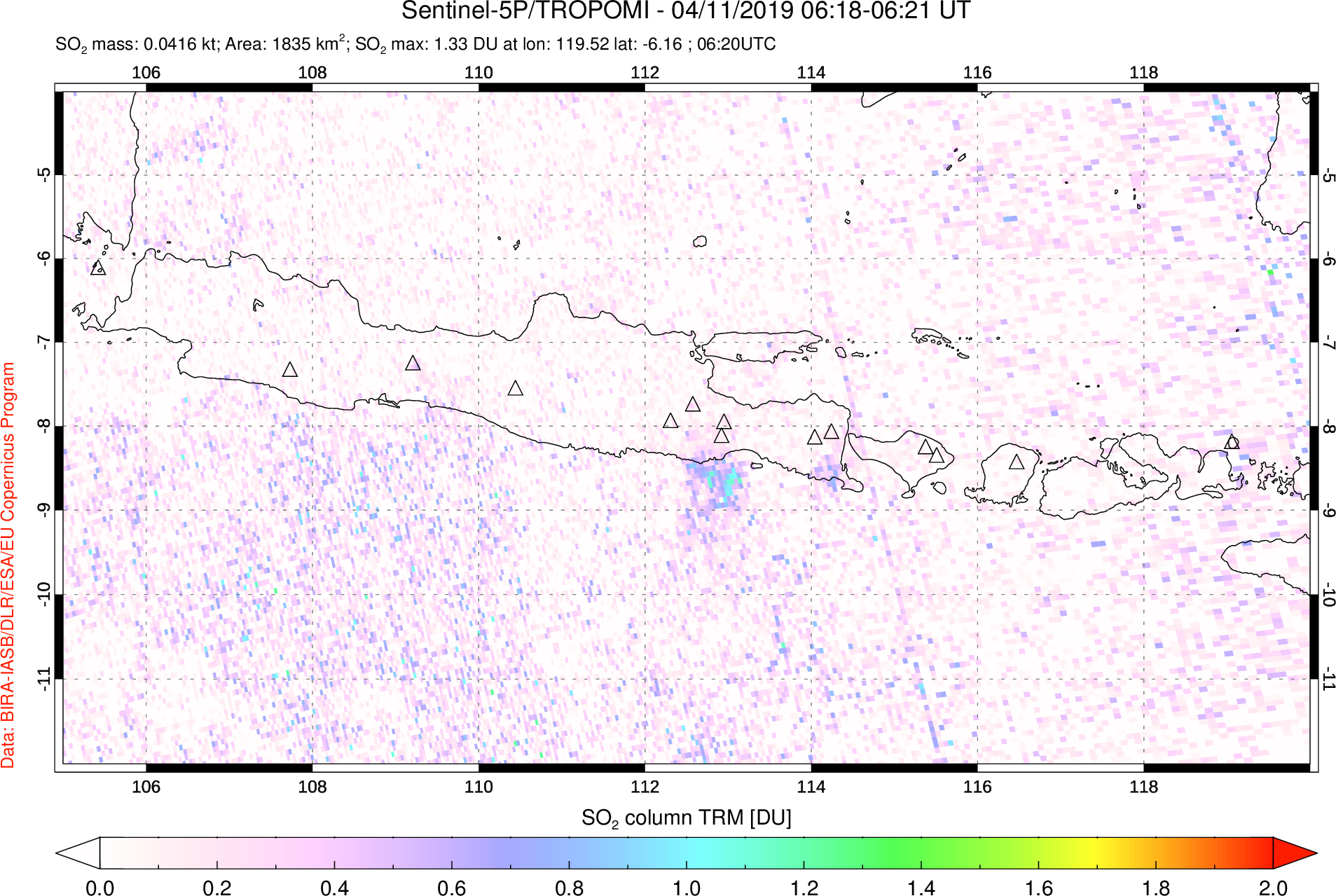 A sulfur dioxide image over Java, Indonesia on Apr 11, 2019.