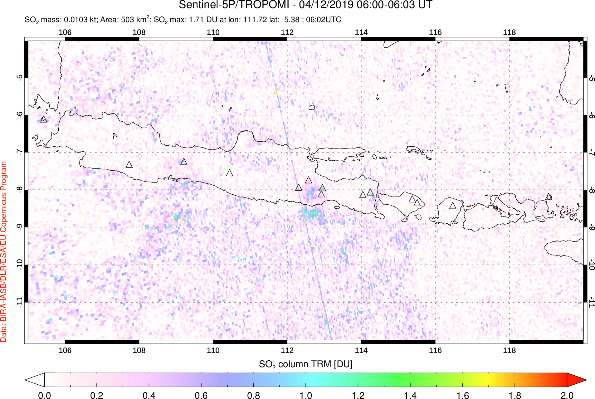 A sulfur dioxide image over Java, Indonesia on Apr 12, 2019.