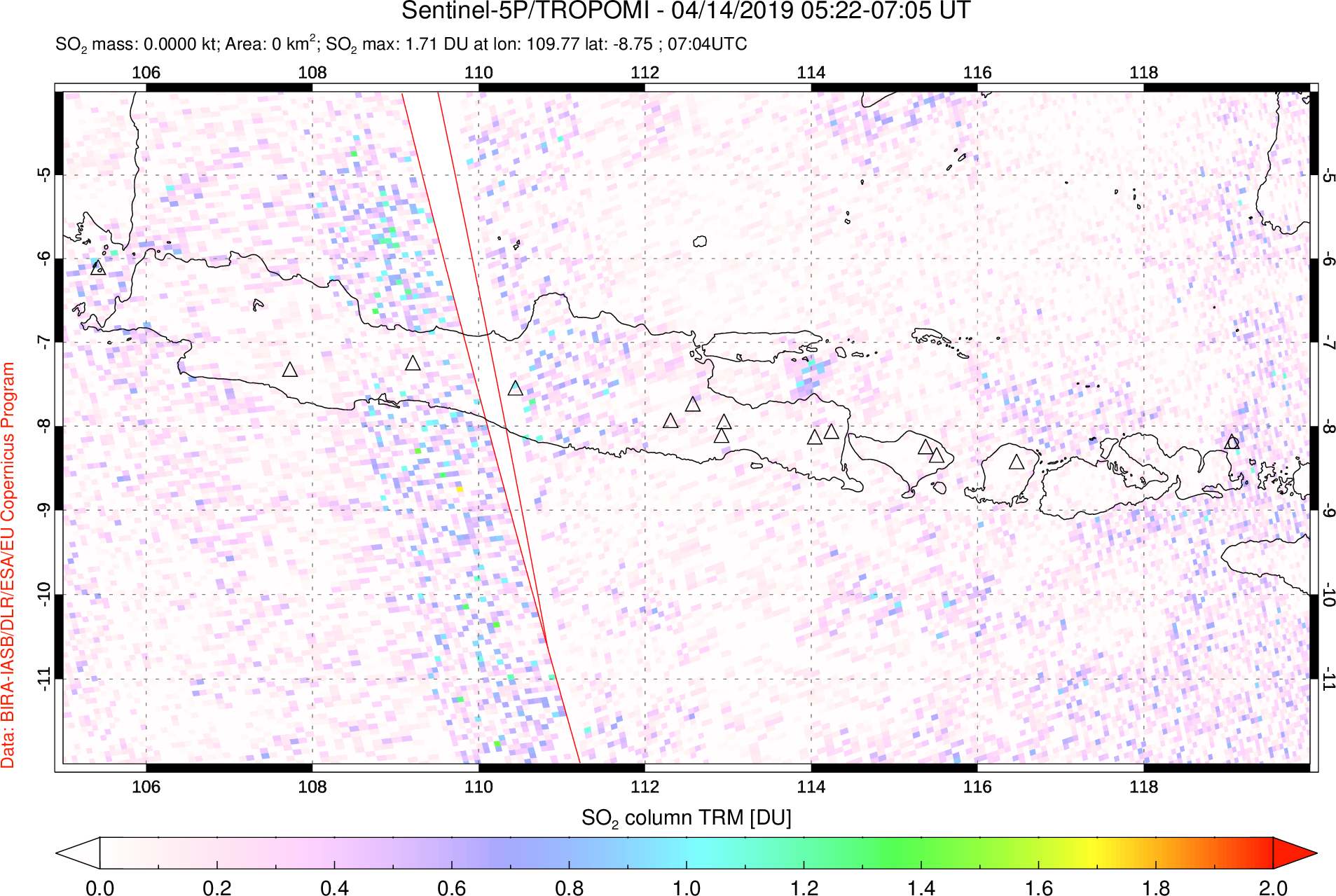 A sulfur dioxide image over Java, Indonesia on Apr 14, 2019.