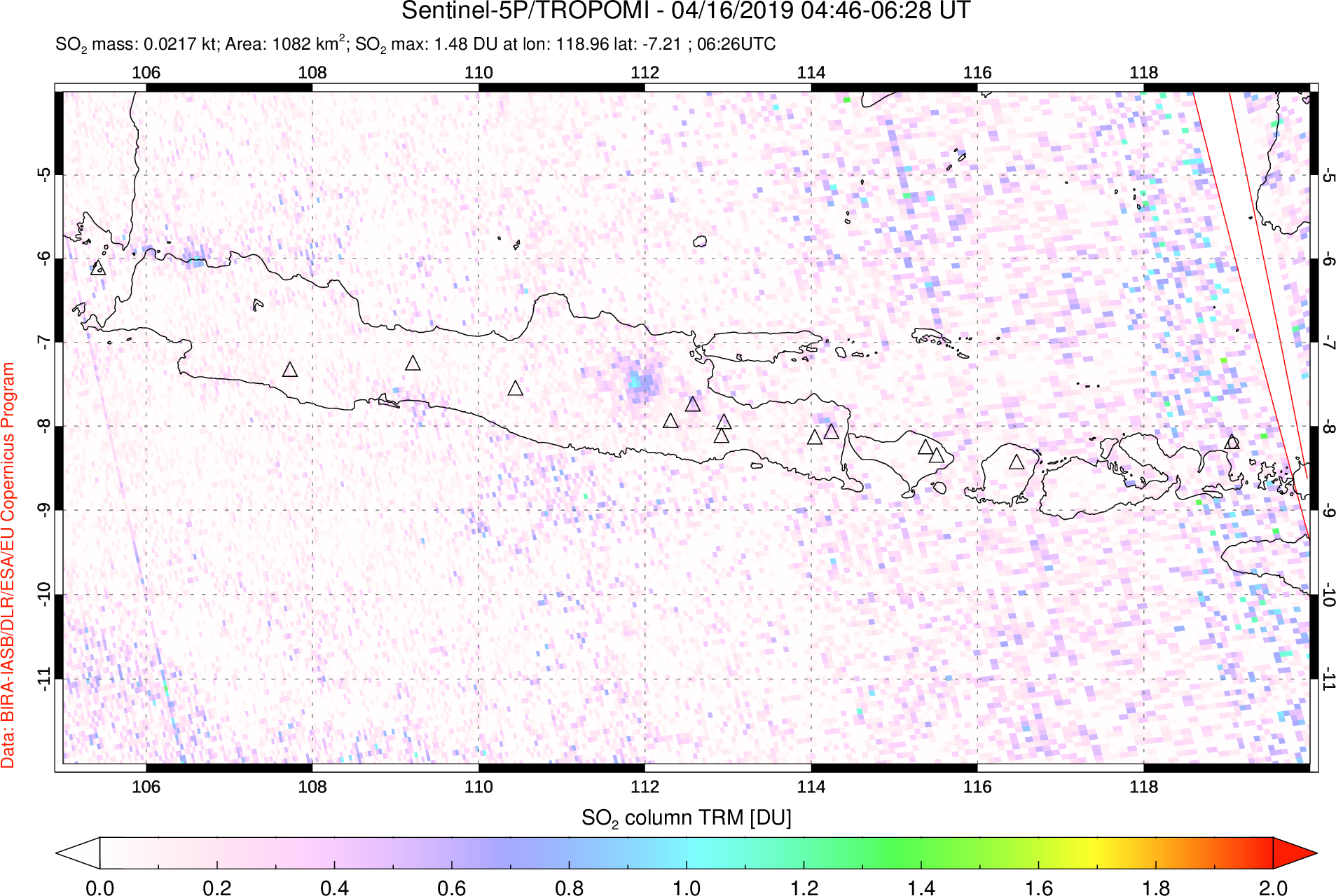 A sulfur dioxide image over Java, Indonesia on Apr 16, 2019.