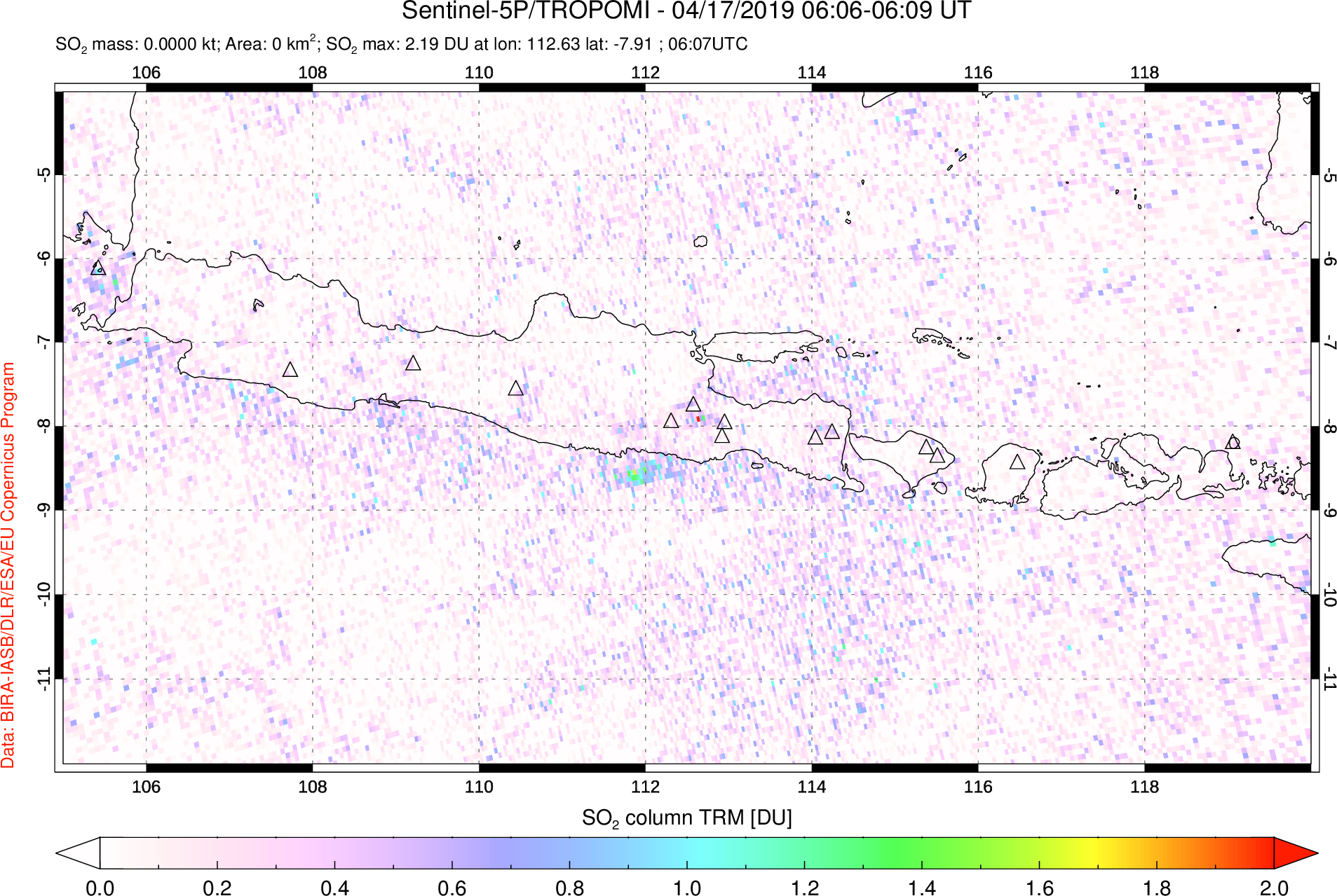 A sulfur dioxide image over Java, Indonesia on Apr 17, 2019.