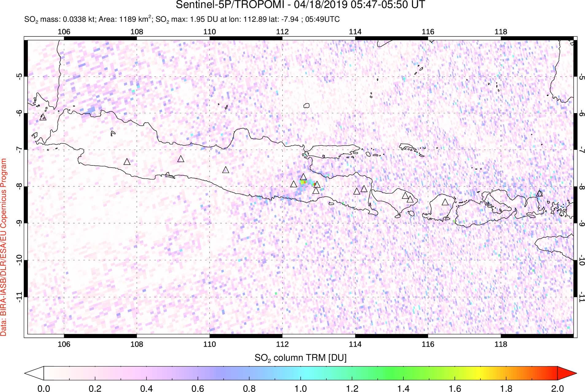 A sulfur dioxide image over Java, Indonesia on Apr 18, 2019.