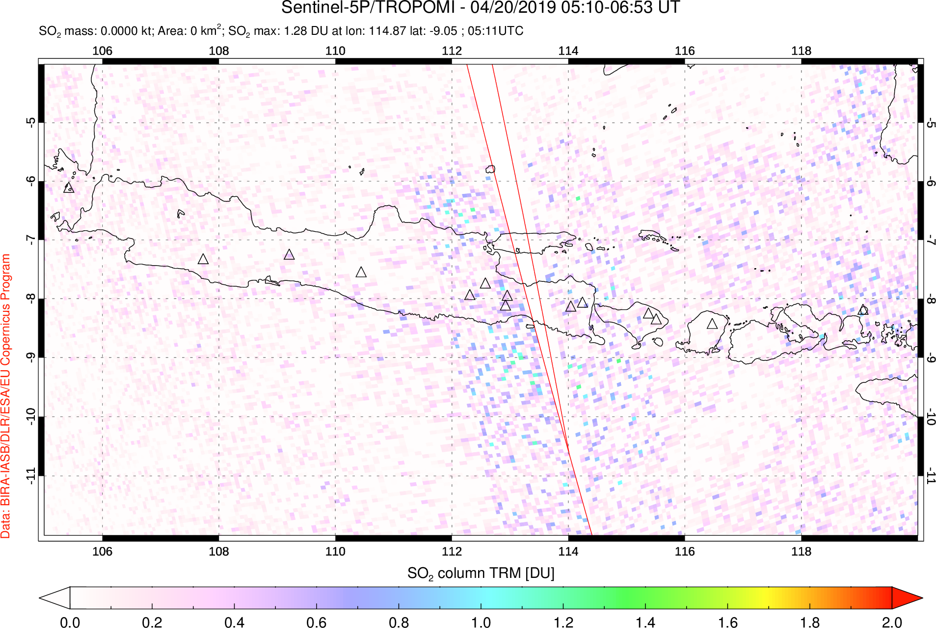 A sulfur dioxide image over Java, Indonesia on Apr 20, 2019.