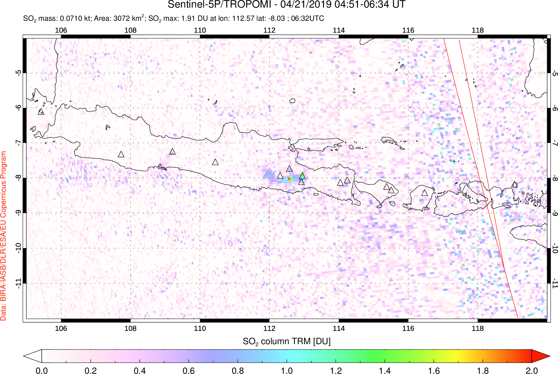 A sulfur dioxide image over Java, Indonesia on Apr 21, 2019.
