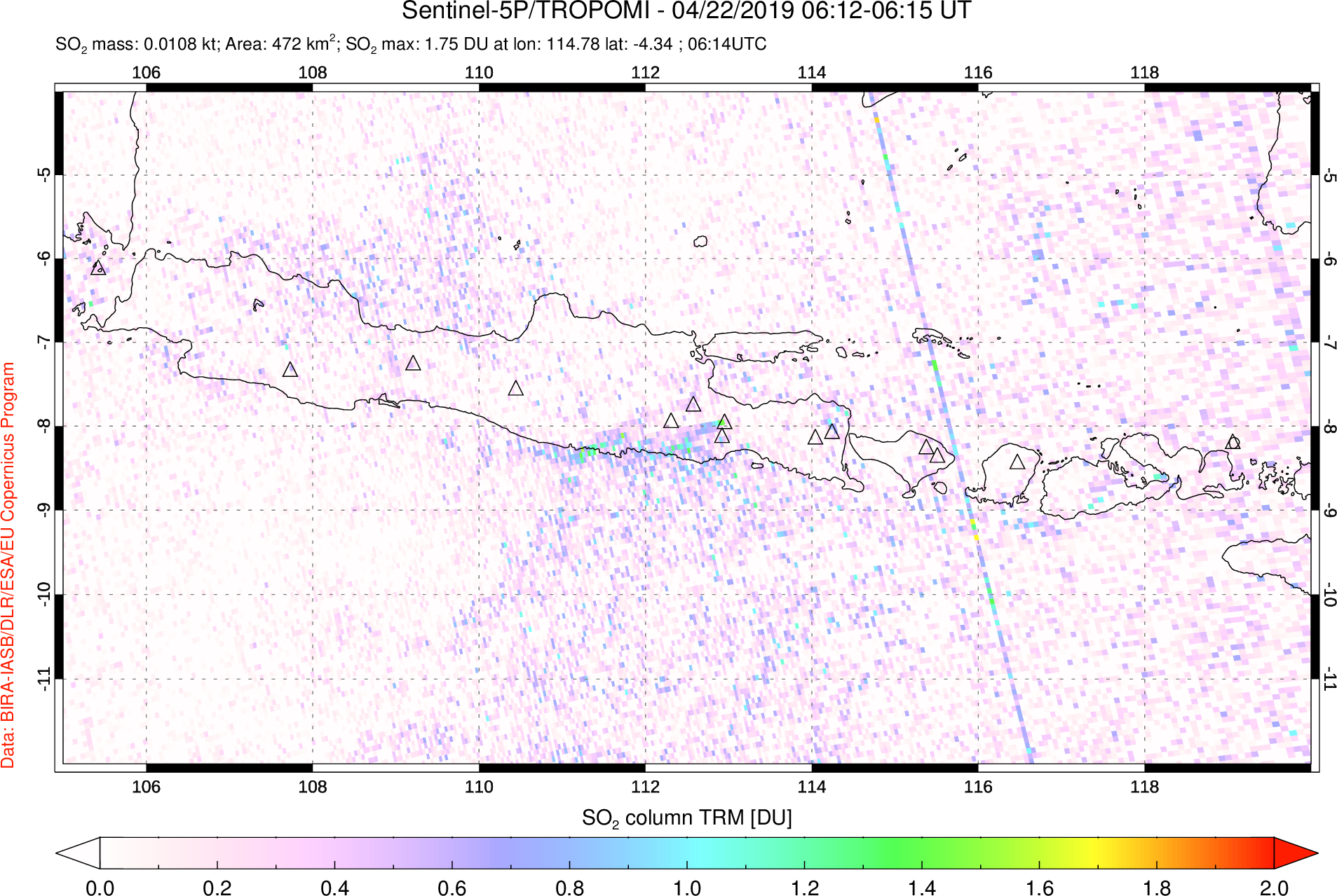 A sulfur dioxide image over Java, Indonesia on Apr 22, 2019.