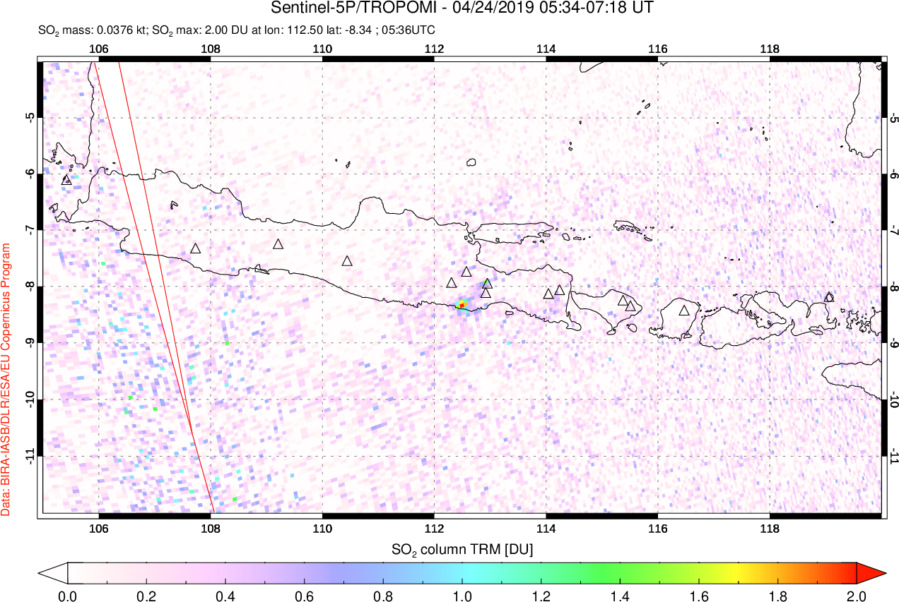 A sulfur dioxide image over Java, Indonesia on Apr 24, 2019.