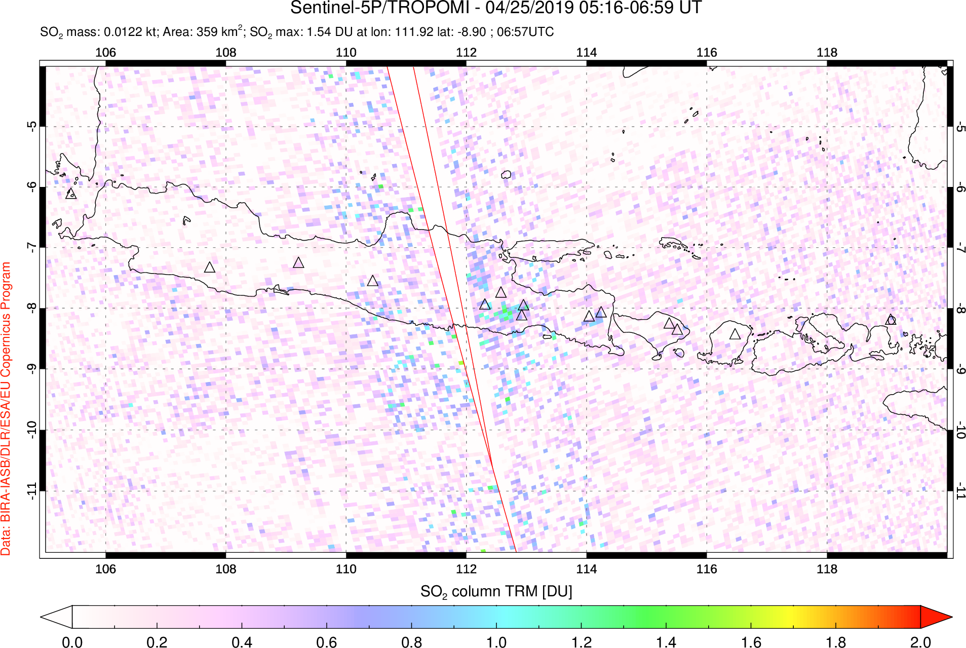 A sulfur dioxide image over Java, Indonesia on Apr 25, 2019.