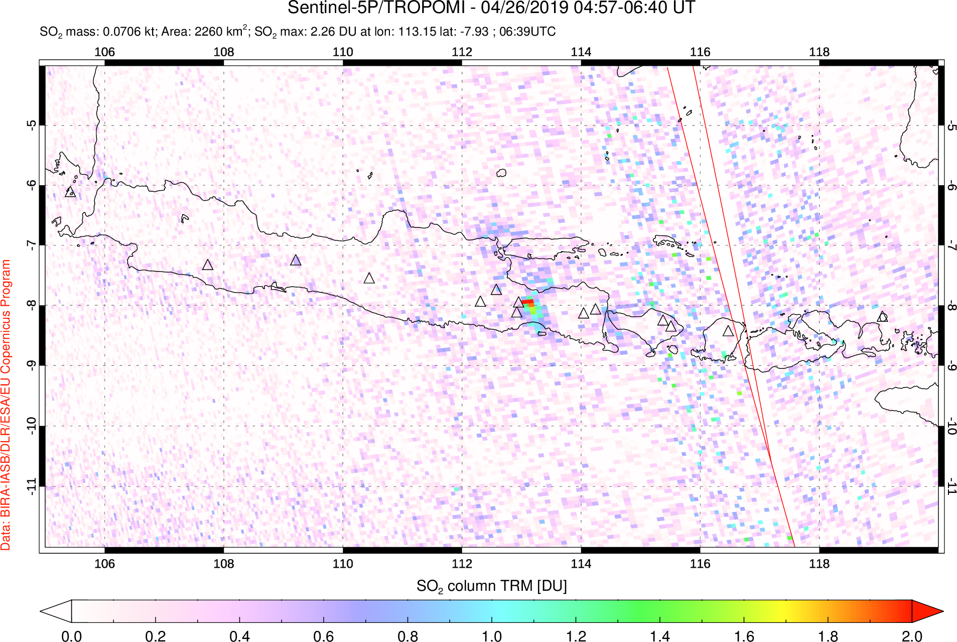 A sulfur dioxide image over Java, Indonesia on Apr 26, 2019.