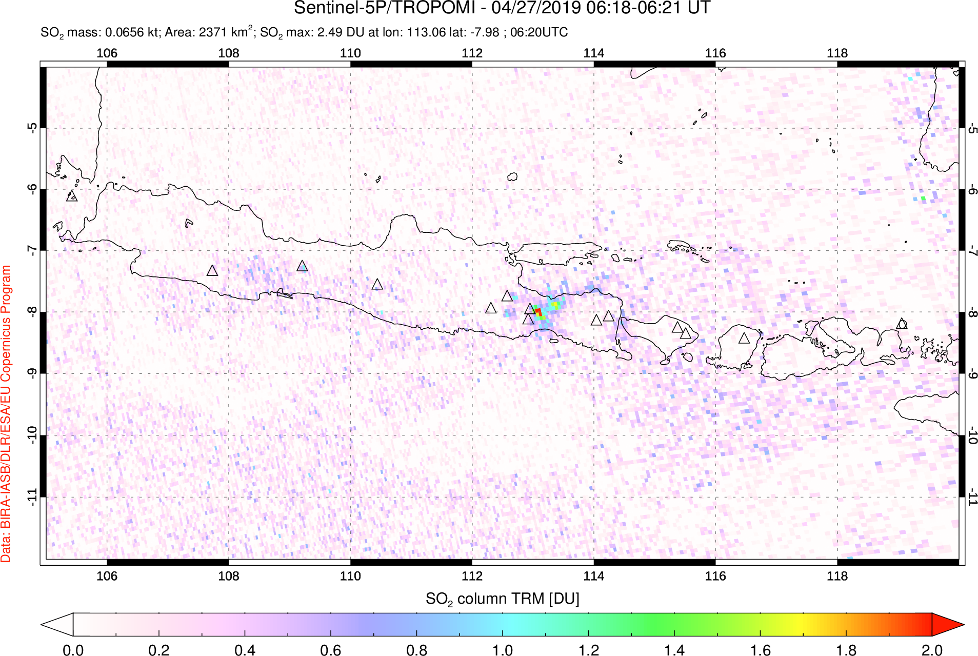 A sulfur dioxide image over Java, Indonesia on Apr 27, 2019.