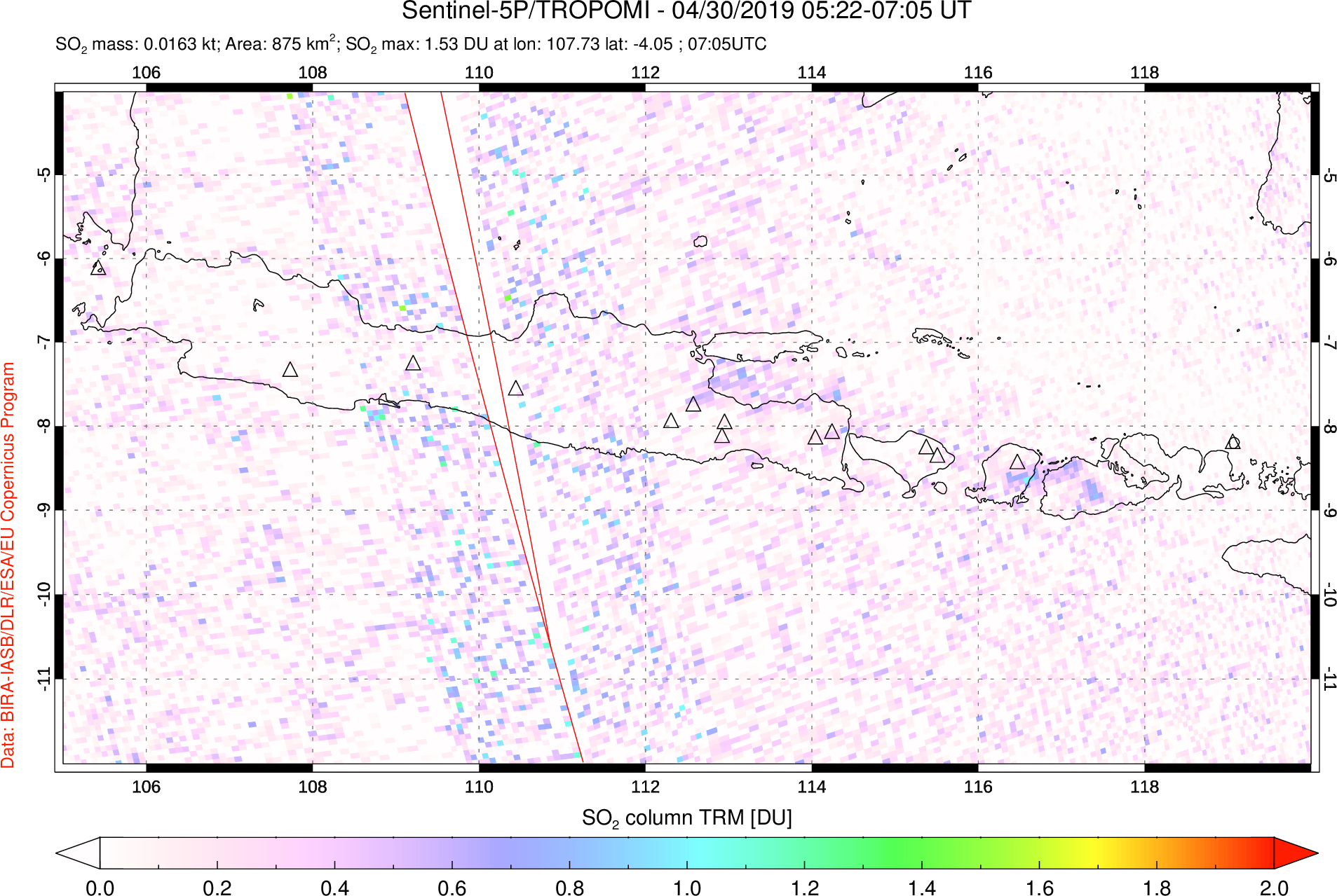 A sulfur dioxide image over Java, Indonesia on Apr 30, 2019.