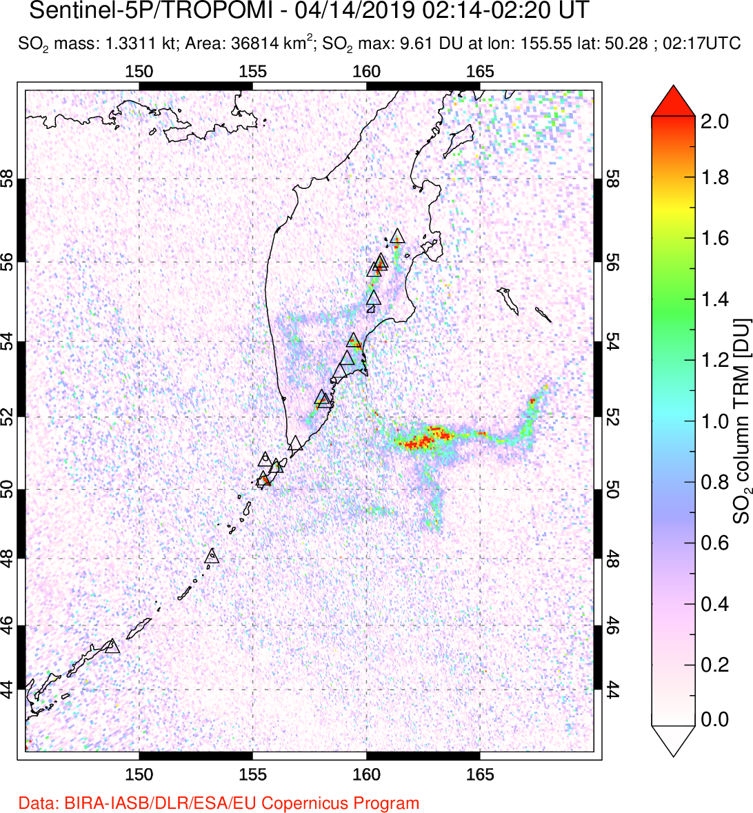 A sulfur dioxide image over Kamchatka, Russian Federation on Apr 14, 2019.