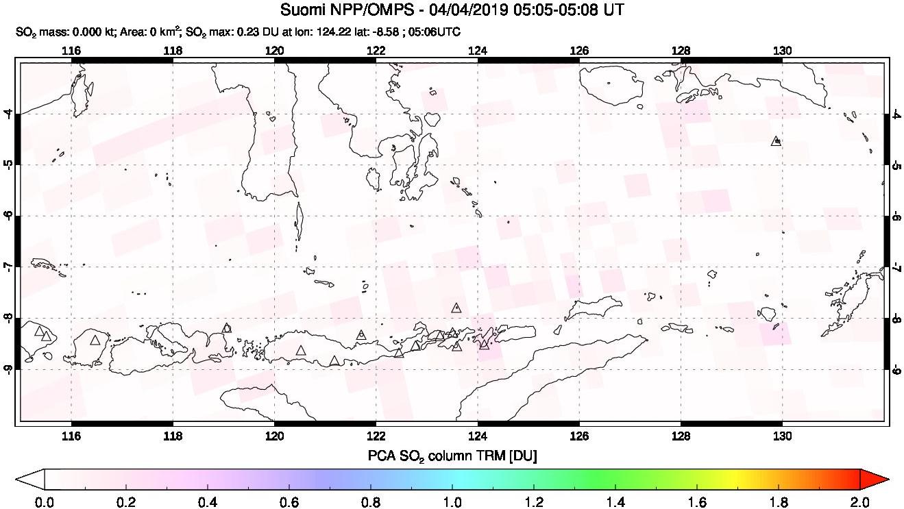 A sulfur dioxide image over Lesser Sunda Islands, Indonesia on Apr 04, 2019.