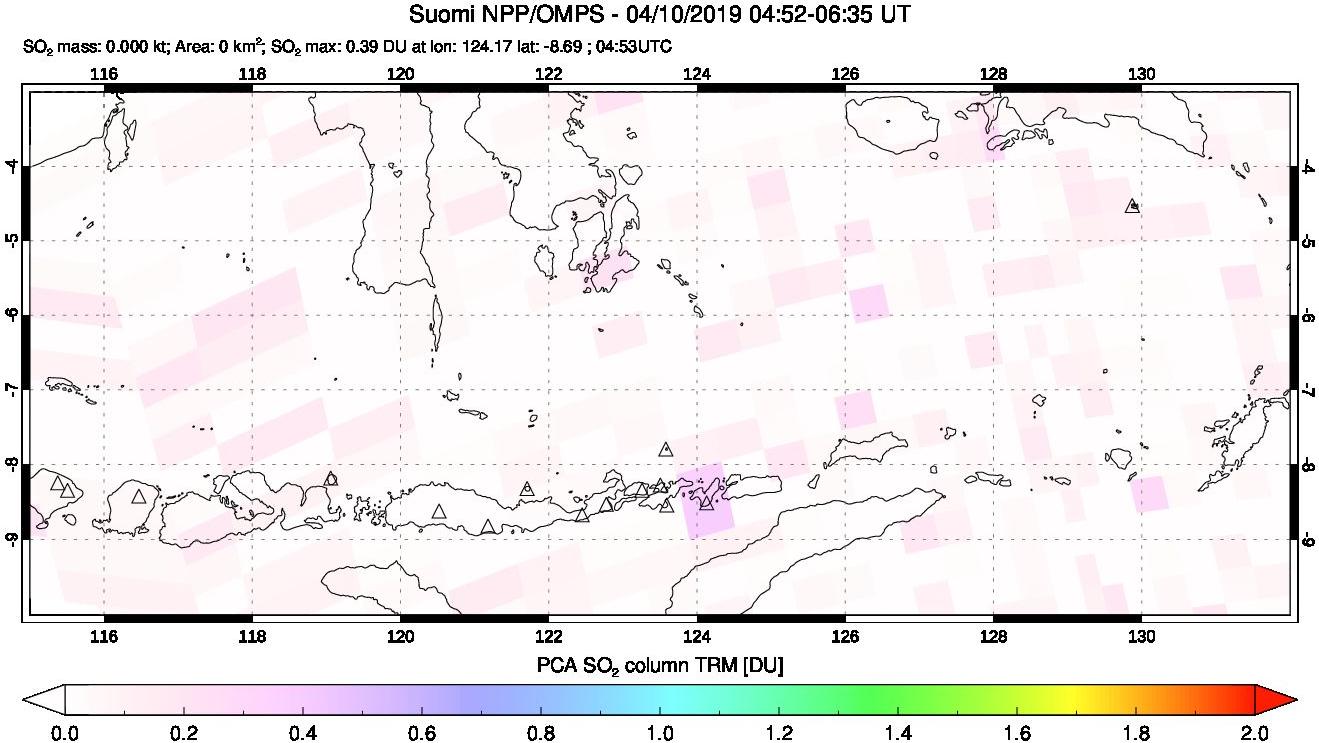 A sulfur dioxide image over Lesser Sunda Islands, Indonesia on Apr 10, 2019.