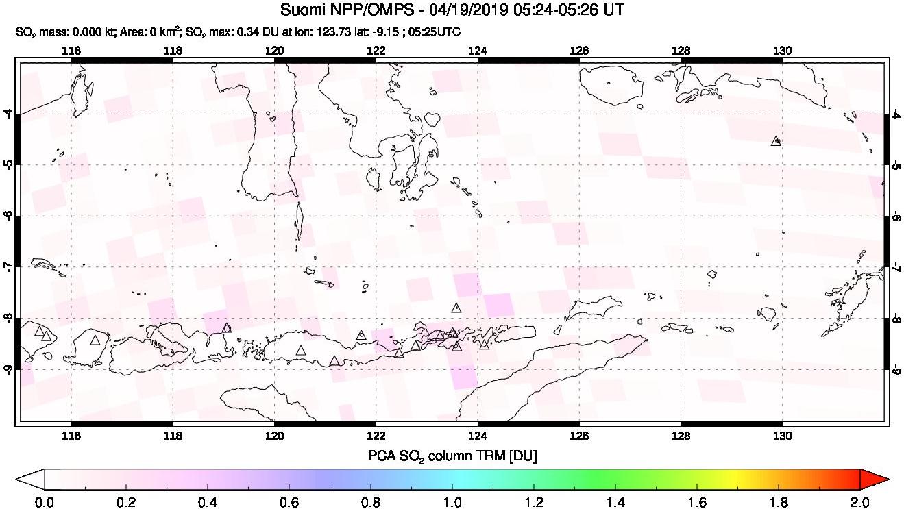 A sulfur dioxide image over Lesser Sunda Islands, Indonesia on Apr 19, 2019.