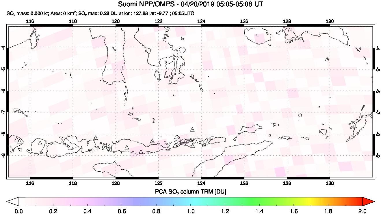 A sulfur dioxide image over Lesser Sunda Islands, Indonesia on Apr 20, 2019.