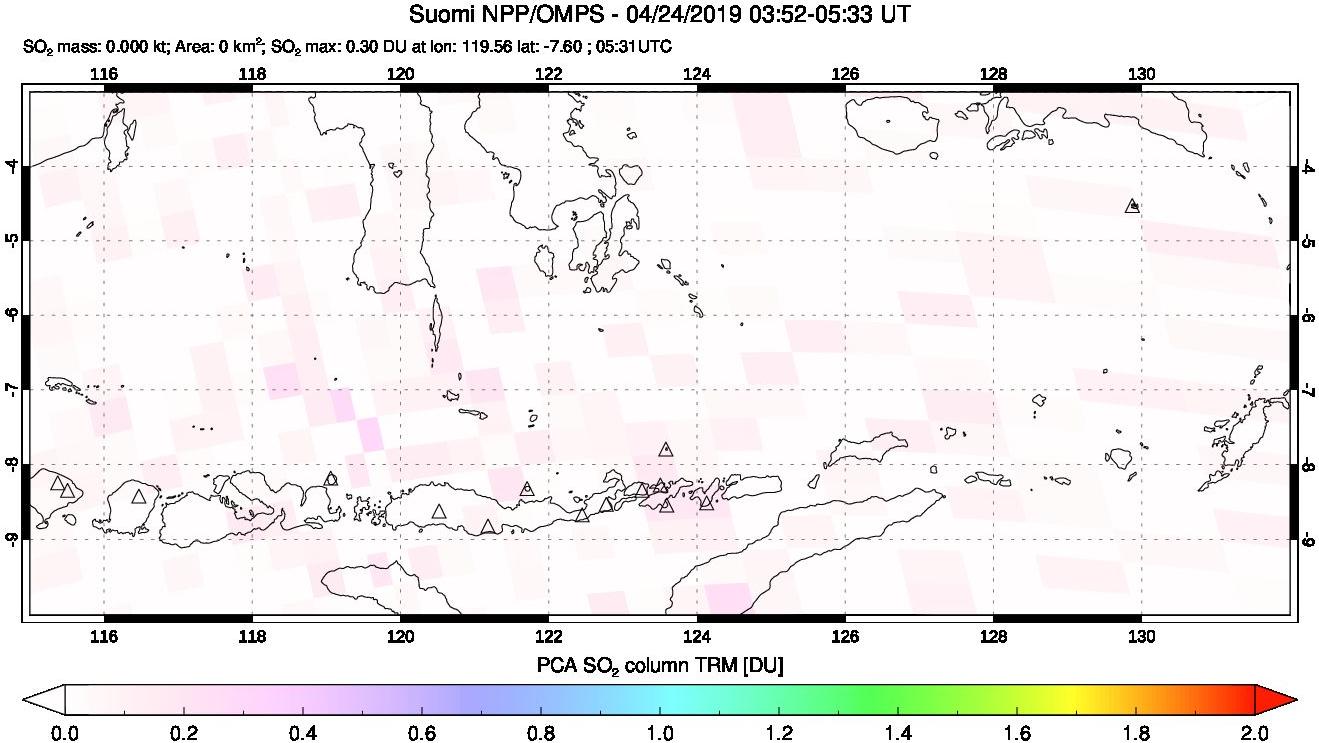 A sulfur dioxide image over Lesser Sunda Islands, Indonesia on Apr 24, 2019.