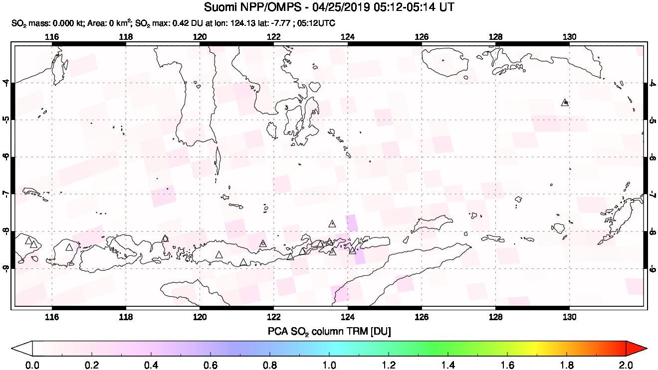A sulfur dioxide image over Lesser Sunda Islands, Indonesia on Apr 25, 2019.