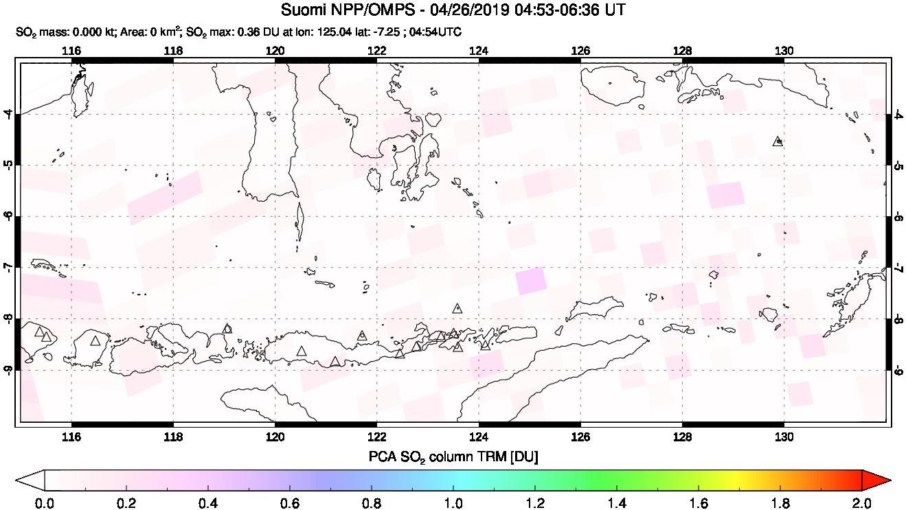 A sulfur dioxide image over Lesser Sunda Islands, Indonesia on Apr 26, 2019.