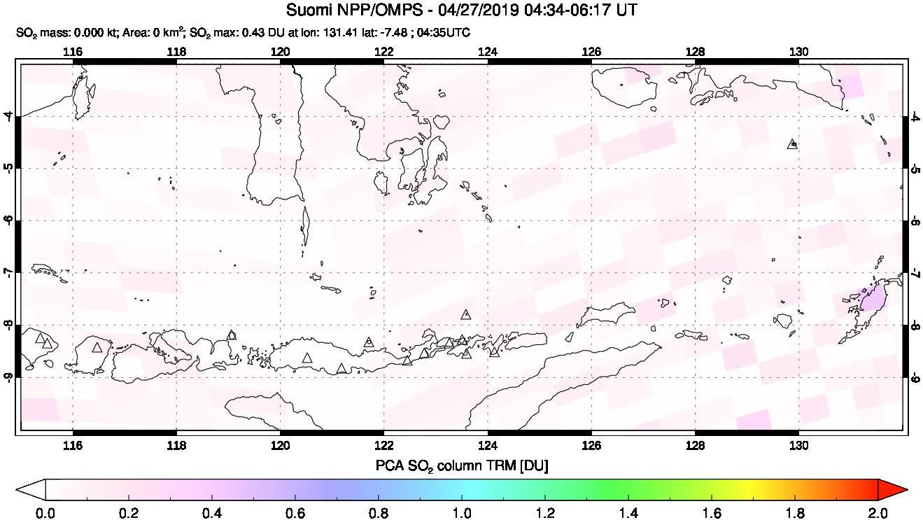 A sulfur dioxide image over Lesser Sunda Islands, Indonesia on Apr 27, 2019.