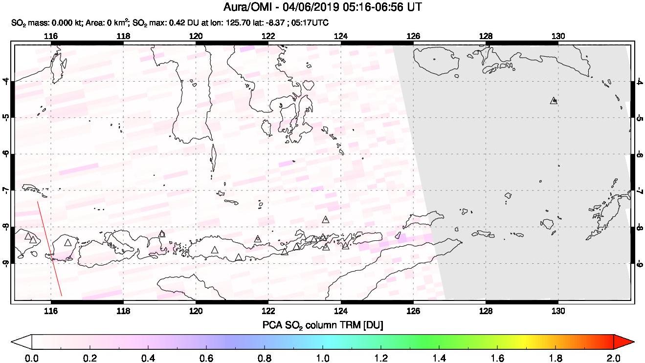 A sulfur dioxide image over Lesser Sunda Islands, Indonesia on Apr 06, 2019.