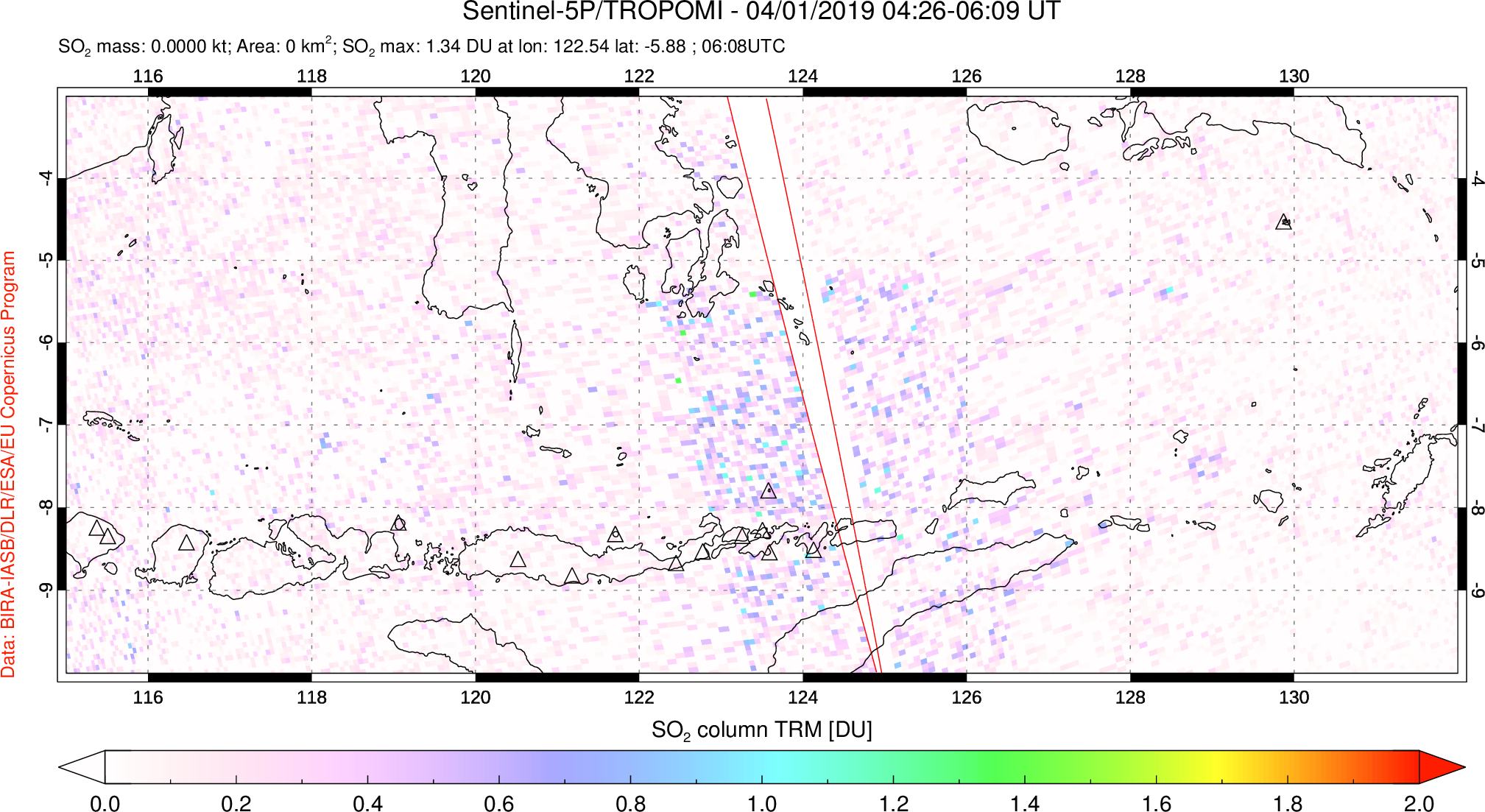 A sulfur dioxide image over Lesser Sunda Islands, Indonesia on Apr 01, 2019.