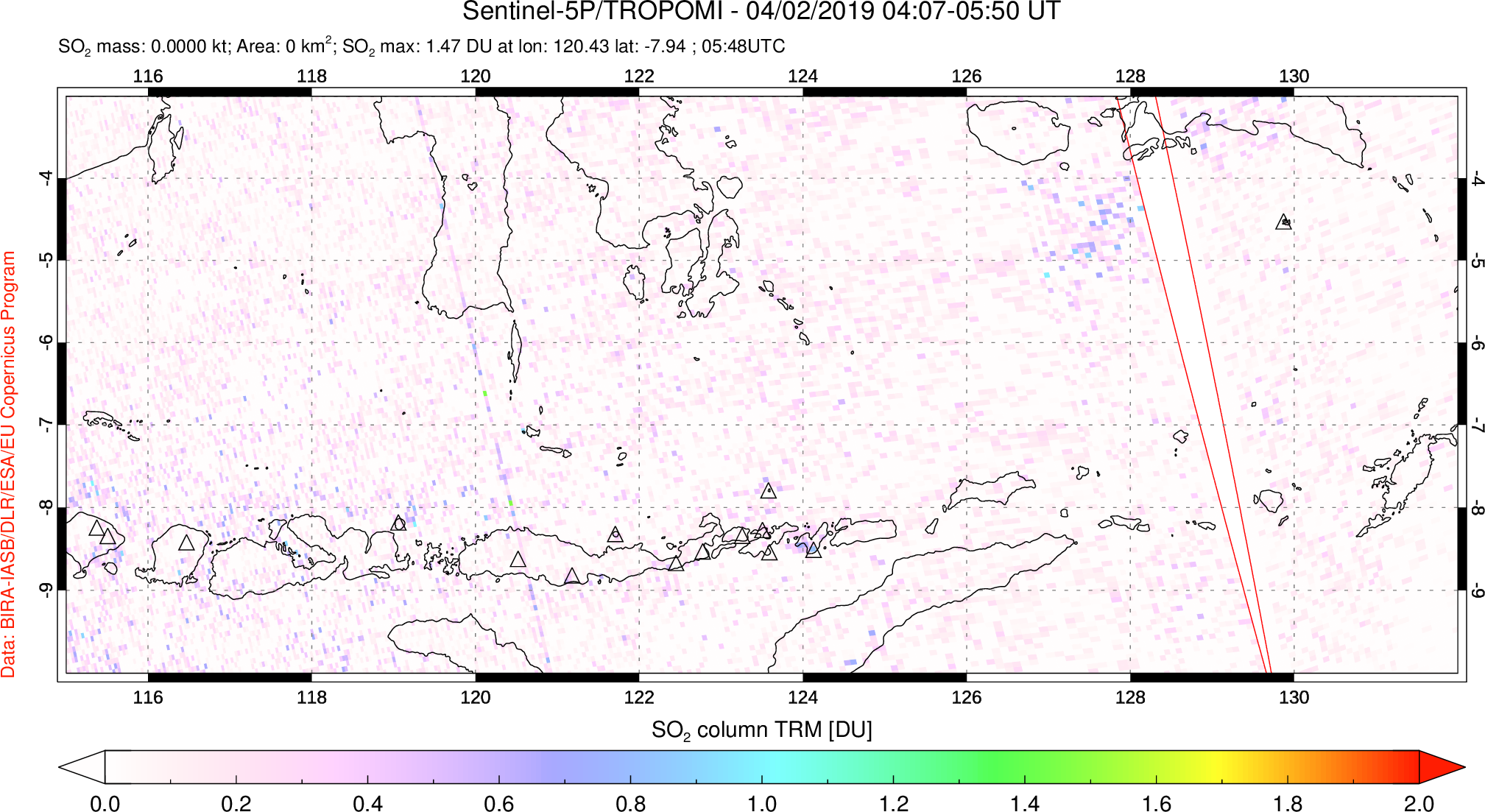 A sulfur dioxide image over Lesser Sunda Islands, Indonesia on Apr 02, 2019.