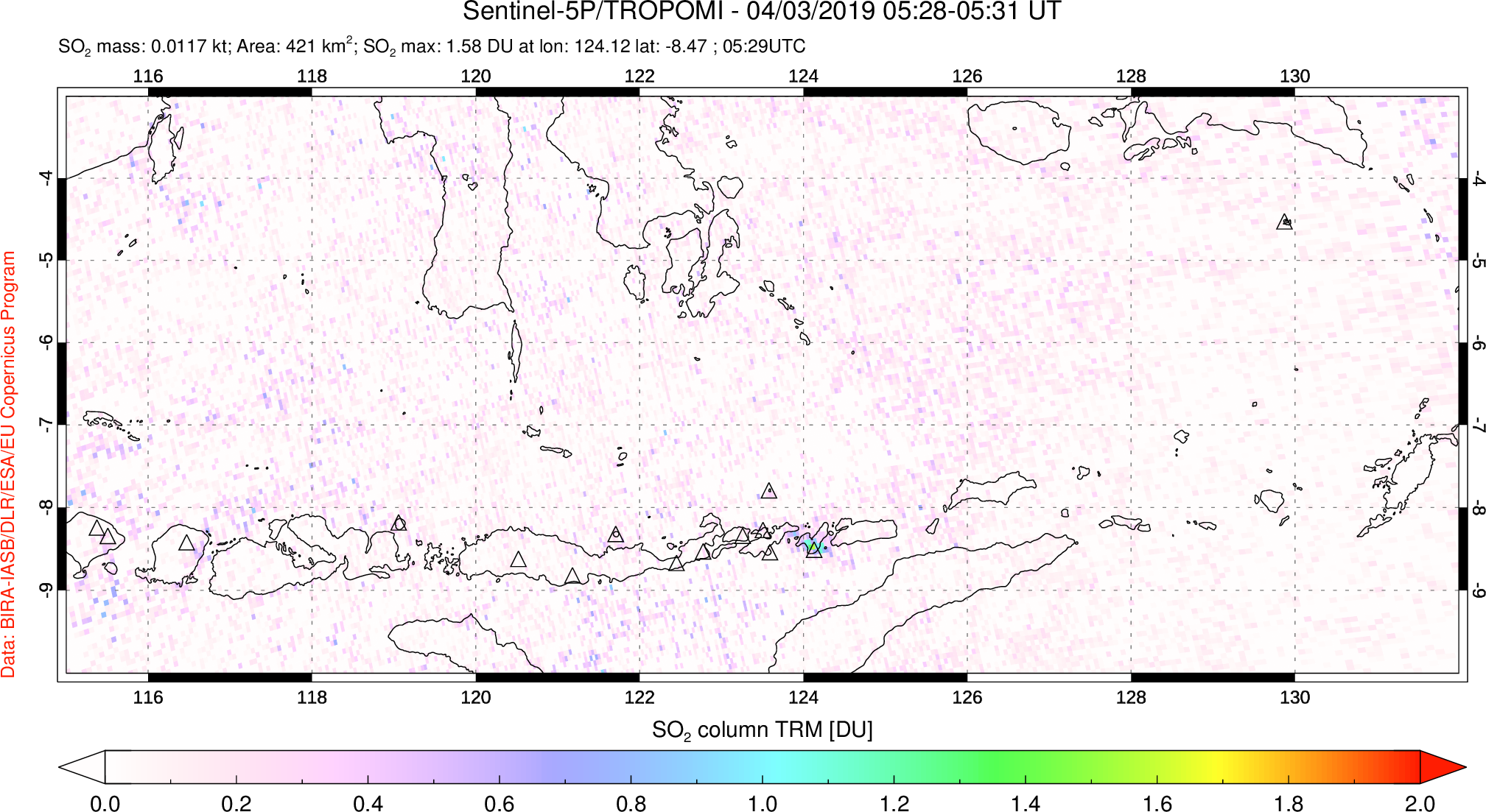 A sulfur dioxide image over Lesser Sunda Islands, Indonesia on Apr 03, 2019.