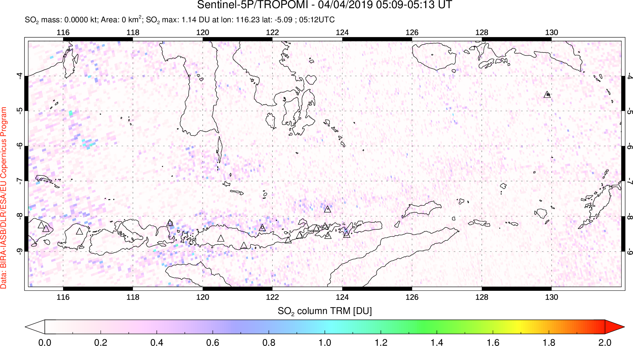 A sulfur dioxide image over Lesser Sunda Islands, Indonesia on Apr 04, 2019.