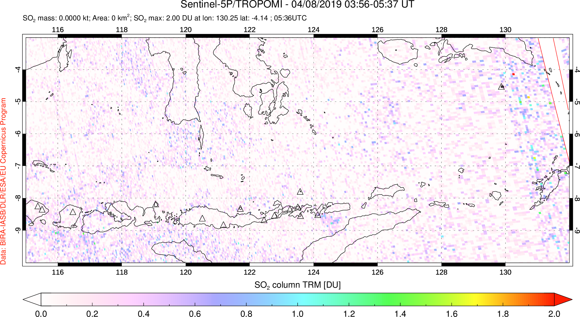 A sulfur dioxide image over Lesser Sunda Islands, Indonesia on Apr 08, 2019.