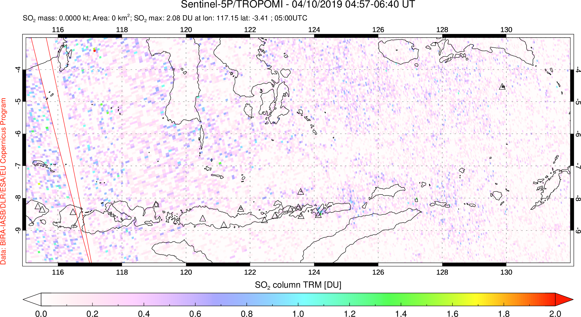 A sulfur dioxide image over Lesser Sunda Islands, Indonesia on Apr 10, 2019.