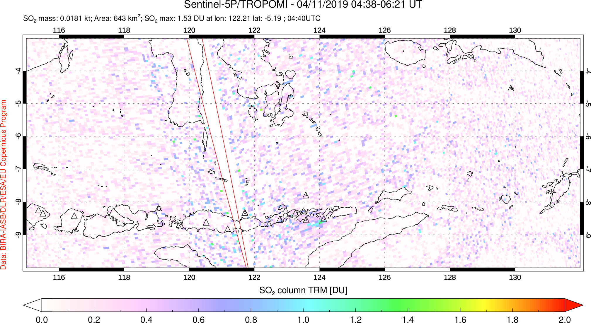 A sulfur dioxide image over Lesser Sunda Islands, Indonesia on Apr 11, 2019.