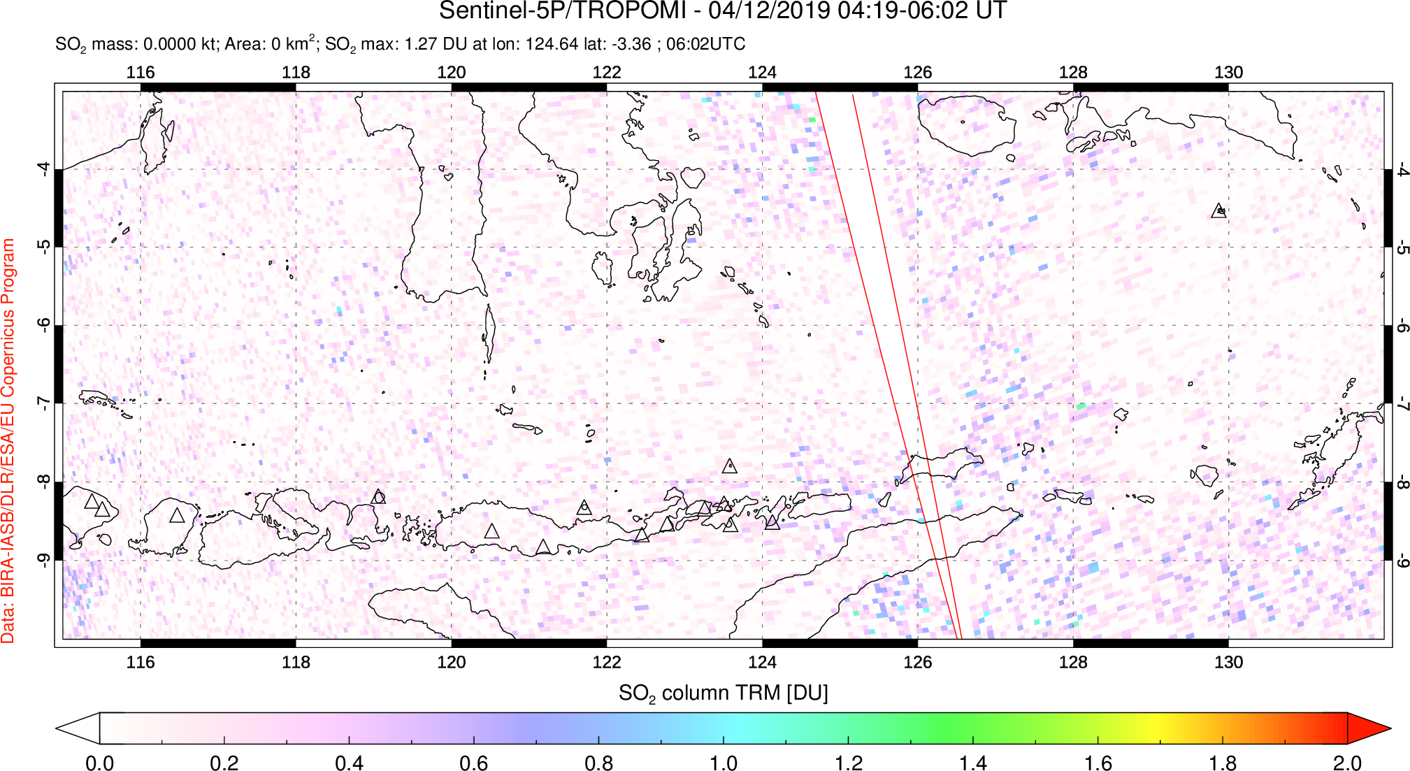 A sulfur dioxide image over Lesser Sunda Islands, Indonesia on Apr 12, 2019.