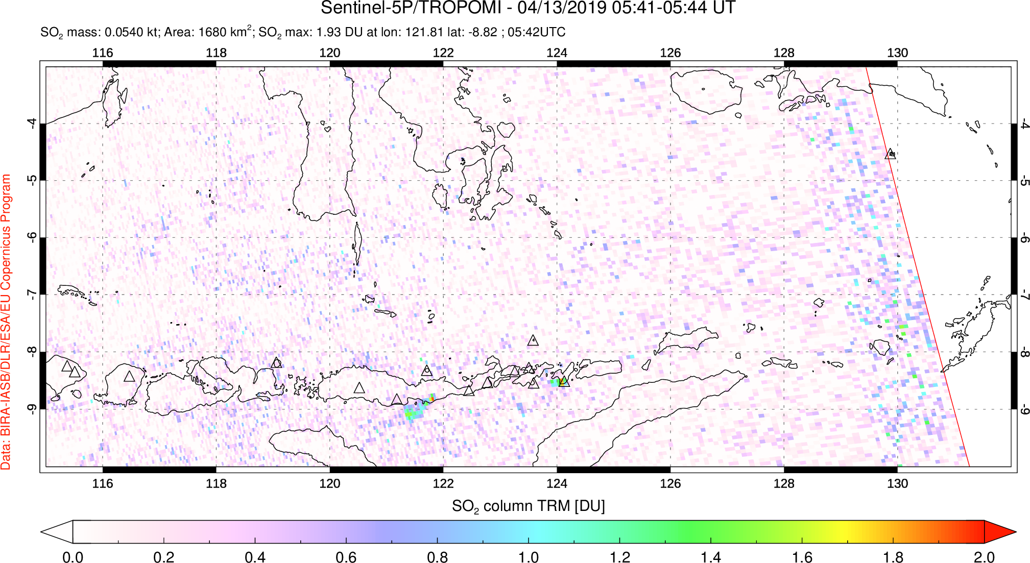 A sulfur dioxide image over Lesser Sunda Islands, Indonesia on Apr 13, 2019.